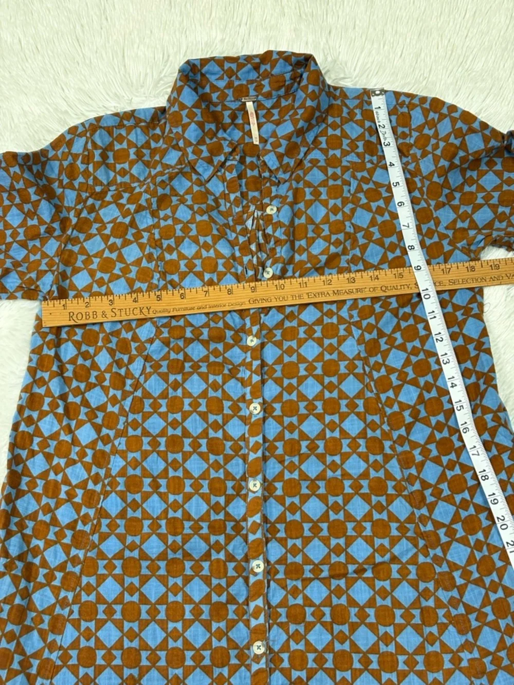 Free People Geometric Maxi Shirt Dress in Rust and Light Blue